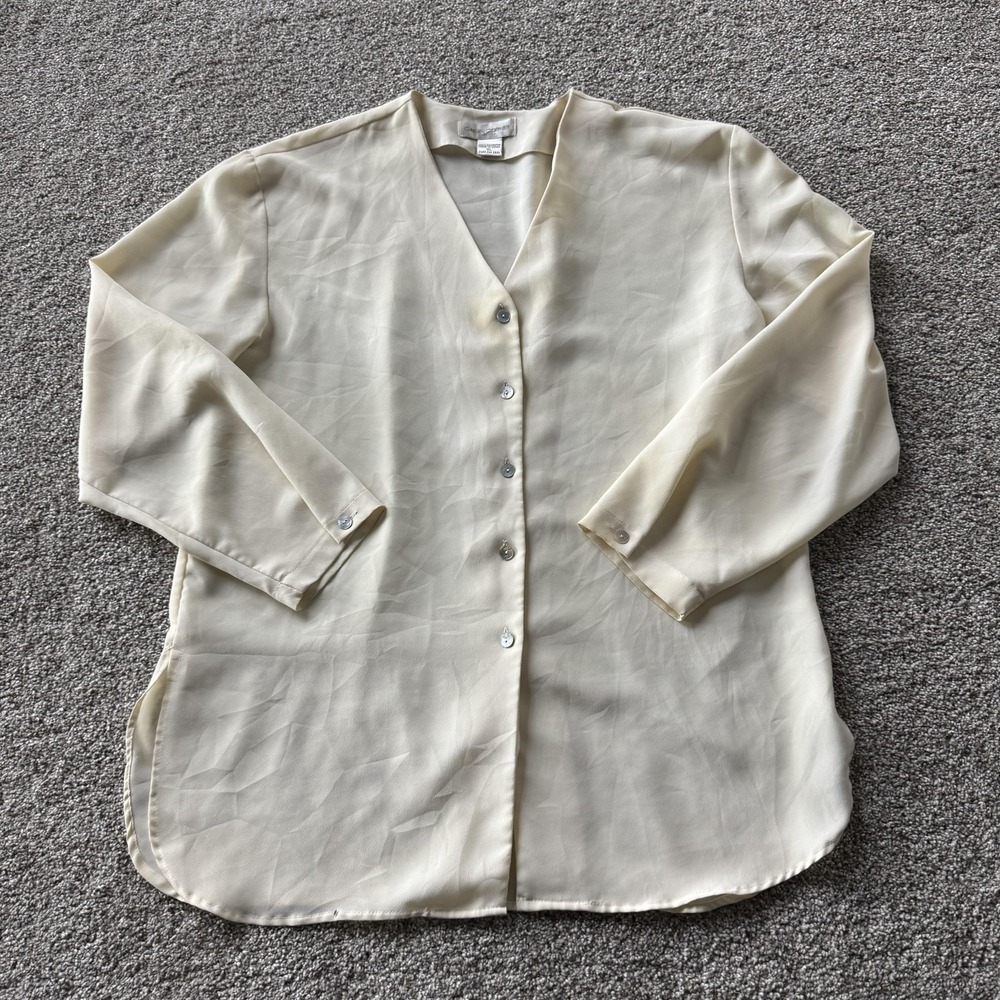 Casual Corner Blouse Womens XL White Basic V Neck Button Front 3/4 Sleeve Top